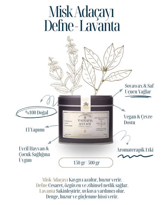 Erkek genel Misk Adaçayı Defne Lavanta Teneke Soyalı Mum 150gr