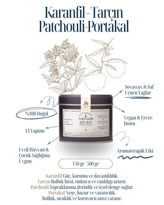 Erkek genel Karanfil Tarçın Patchouli Teneke Soyalı Mum 150gr