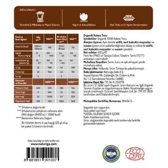 Men genel Organik Kakao Tozu- 100gr