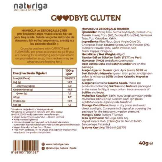 Men genel Goodbye Gluten Havuçlu Zerdeçallı Kraker- 40gr